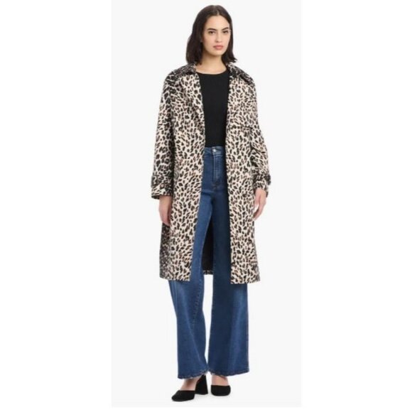 Kate Spade Womens Black Tan Leopard Belted Double Breasted Trench Coat Sz M New - Picture 10 of 11